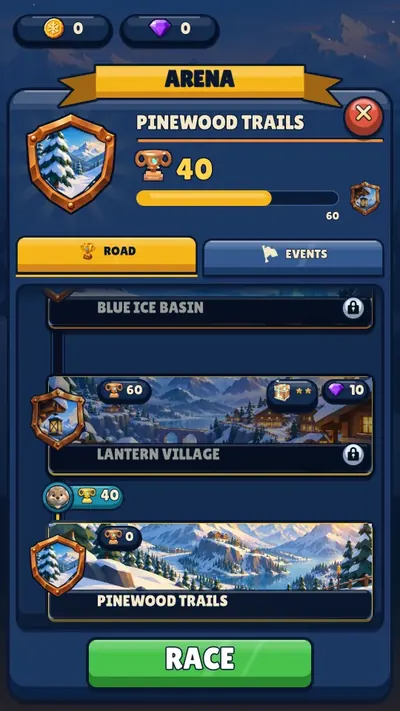 Arena road with Pinewood Trails, Lantern Village and Blue Ice Basin